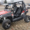 A Full Hard Cab Enclosure by Hard Cabs is installed on a red and black 2015–current CF Moto Zforce 500/800/800EX/1000 utility vehicle with two seats, rugged tires, and a roll cage, parked with open doors on a paved surface.