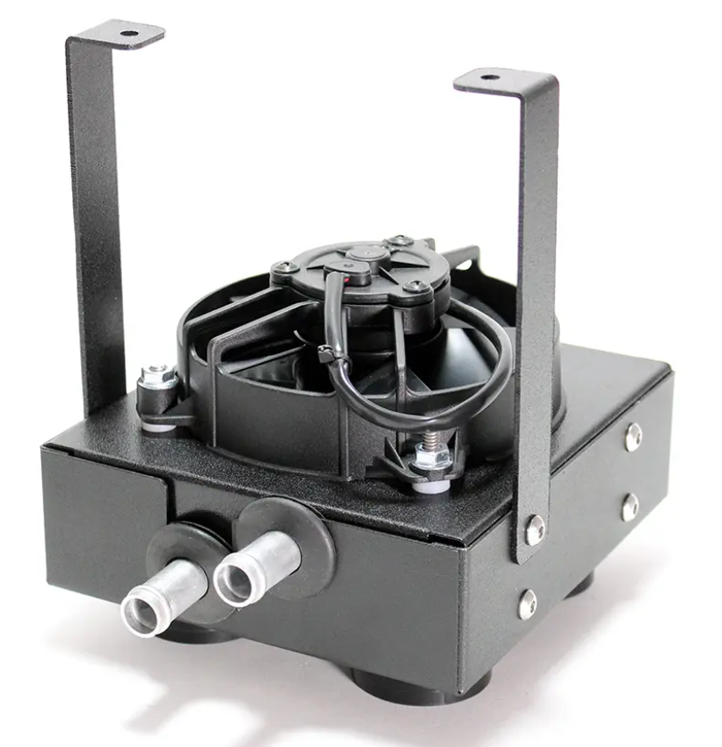 The Inferno Cab Heater Kit With Defrost for 2016-2018 Yamaha YXZ is shown against a white background, featuring a black metal body with dual inlet and outlet pipes, an upper-mounted fan, and two vertical metal side brackets.