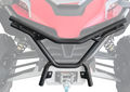 Close-up of the CF Moto ZForce 950 Sport Front Bumper, a black tubular metal bumper with angled bars, mounted on an off-road vehicle with a red hood, visible suspension springs, winch, and rugged tires for added protection.