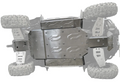 Bottom view of a CF Moto Z Force 800 EX / 1000 Alloy Central Skid Plate (800 13-22)(1000 18-21) mounted on the chassis, shielding the undercarriage. Four rugged tires frame the white-background image, highlighting plate details and bolts.